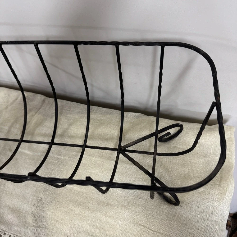 Vintage Primitive Wrought Iron Wire Basket Twisted Metal Scrolled Feet Black